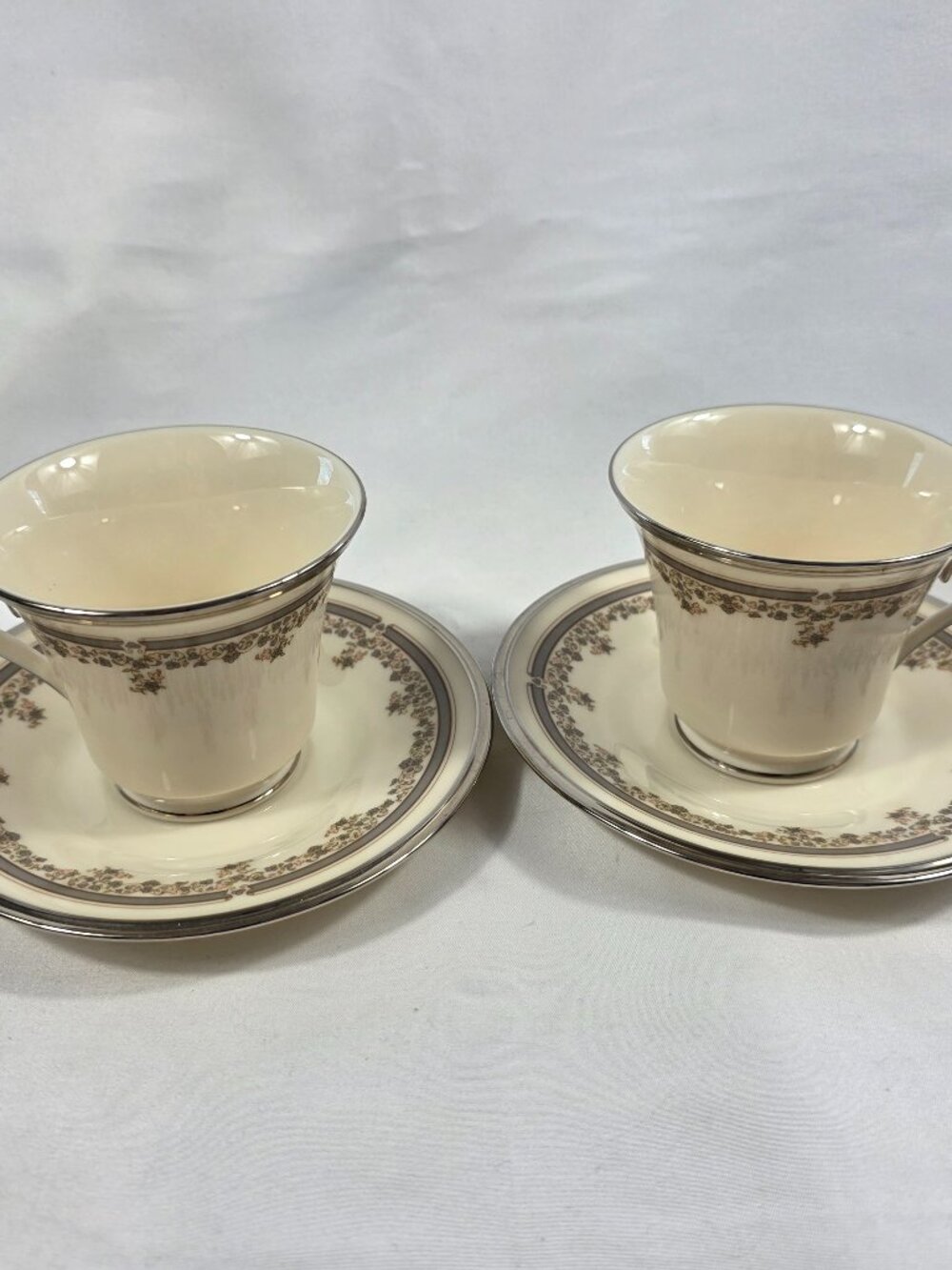 TWO Lenox Lace Point Footed Cup & Saucer Sets Gray & Pink Flowers Gray Band